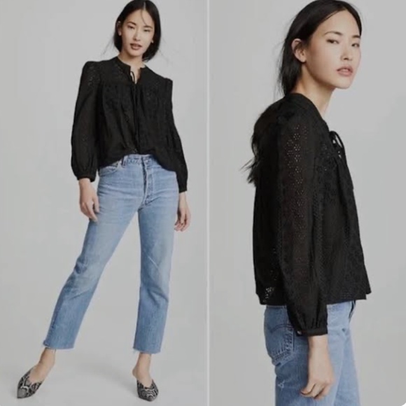 NWT Madewell black eyelet lace pop over peasant top Size M - Picture 3 of 15